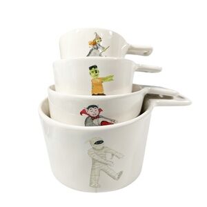 NEW Rae Dunn HALLOWEEN MUMMY, DRACULA, WITCH, FRANKENSTEIN MEASURING CUP Set/4